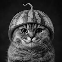 Melon, a tabby in a watermelon-rind helmet